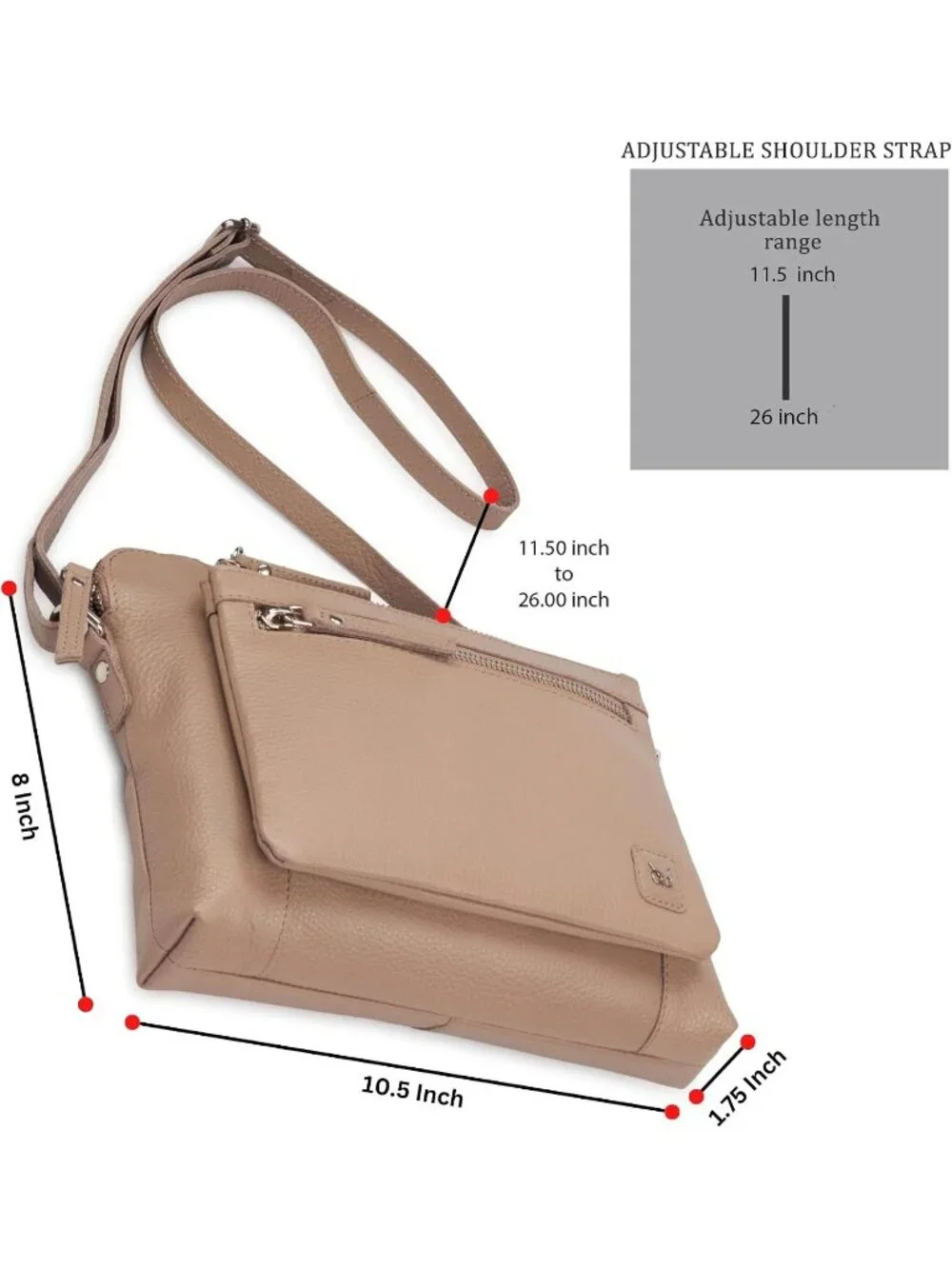 Women's Taupe Genuine Leather Sling Purse with Adjustable Strap Crossbody bag